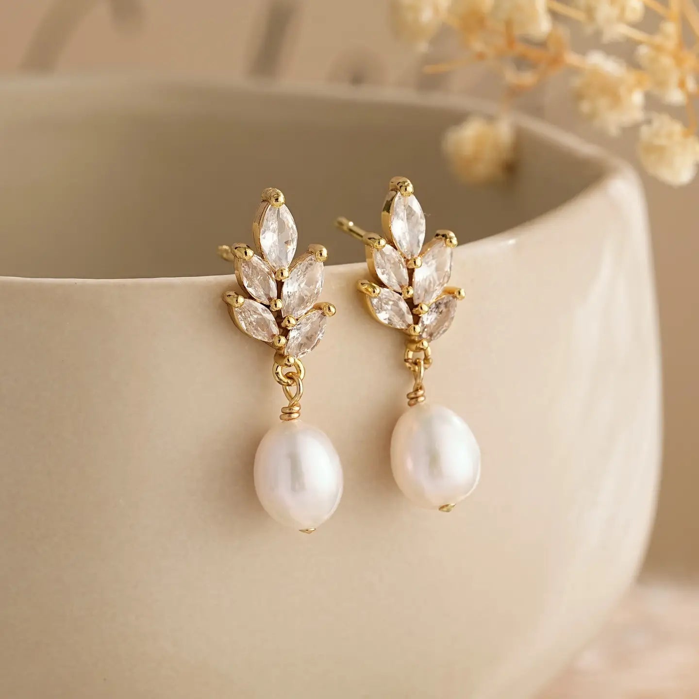 Pearl & Crystal Drop Studs in Gold